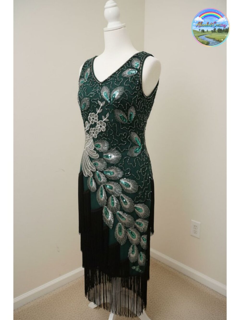 Vintage Peacock Sequin Fringe Gatsby Flapper Dress